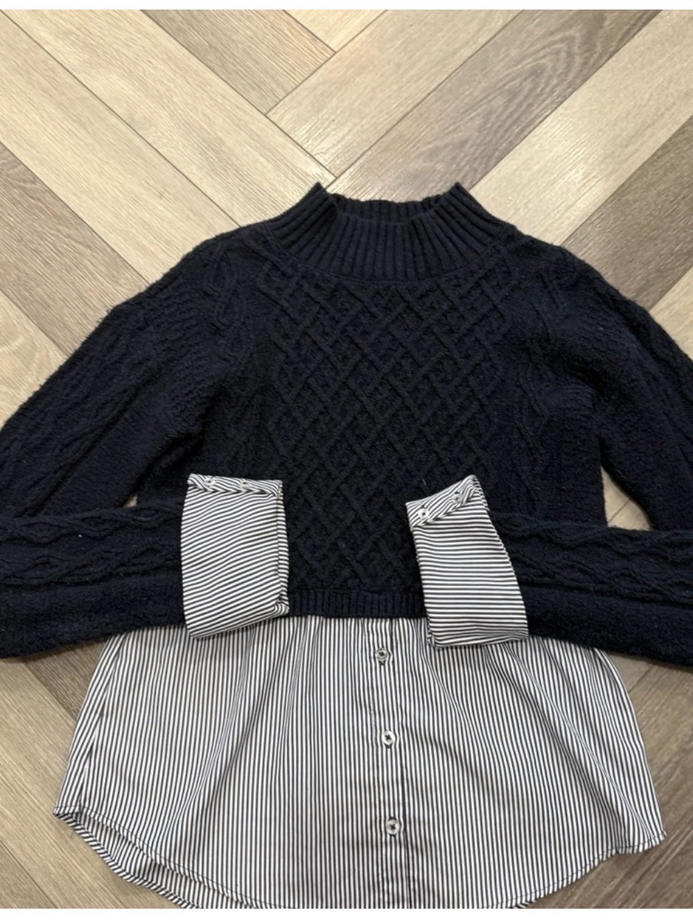 Maeve Blue Cable-Knit Mock Neck Striped Hem Sweater Layered Top